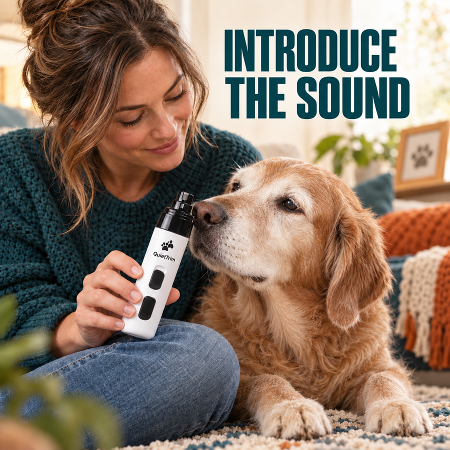 Woman calmly introducing the QuietTrim sound to her dog