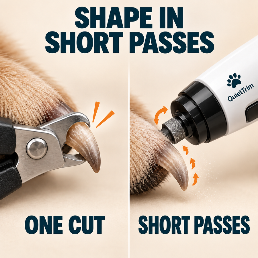 Shape the pet nail gradually with QuietTrim in short passes